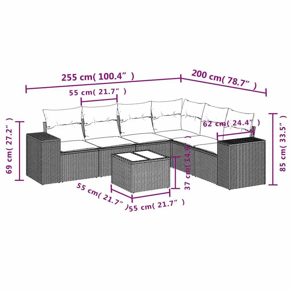 Outdoor Patio Furniture Sofa Set Black Poly Rattan 7 Piece with Cushions