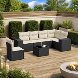 7 Piece Black Poly Rattan Garden Sofa Set - Practical & Chic
