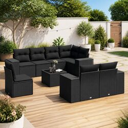 Comfortable 9 Piece Garden Sofa Set in Black Rattan