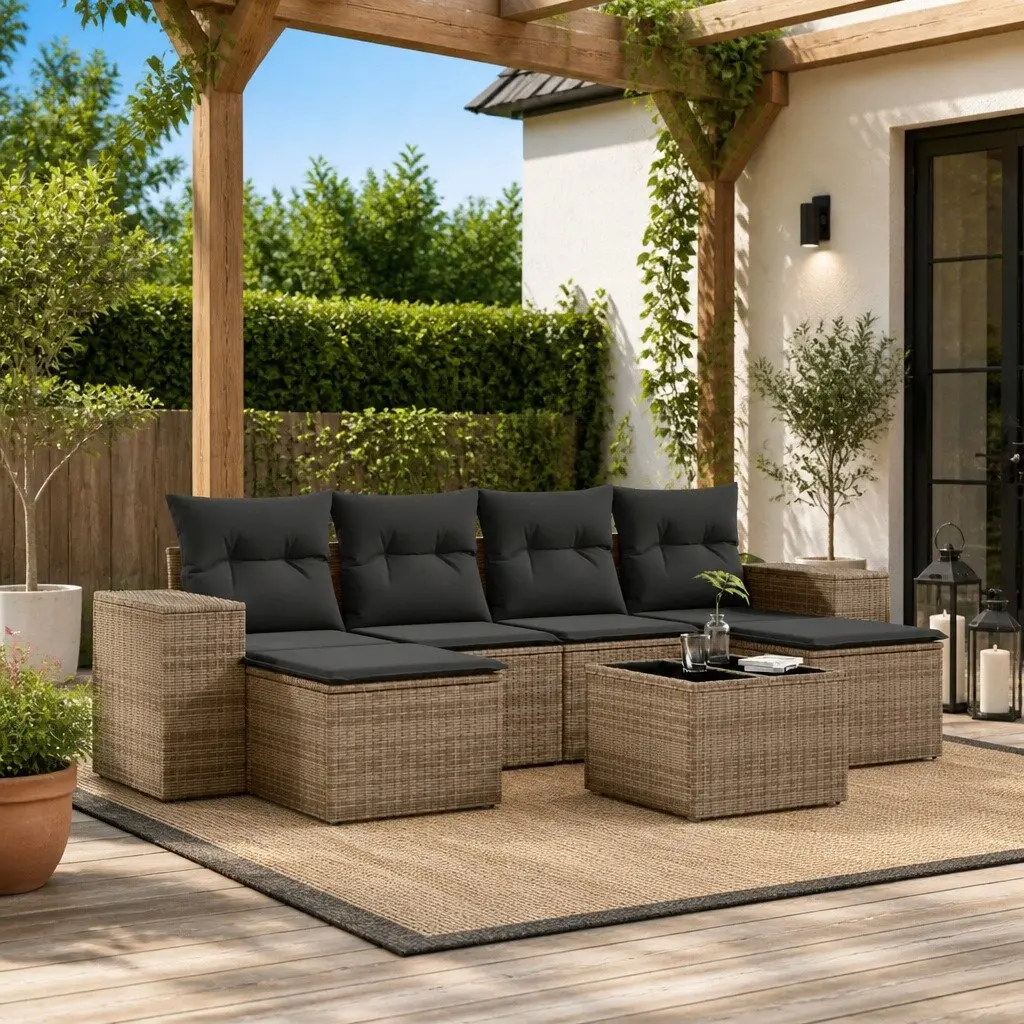 Garden Sofa Set 7 Piece Outdoor Furniture Grey Poly Rattan with Cushions