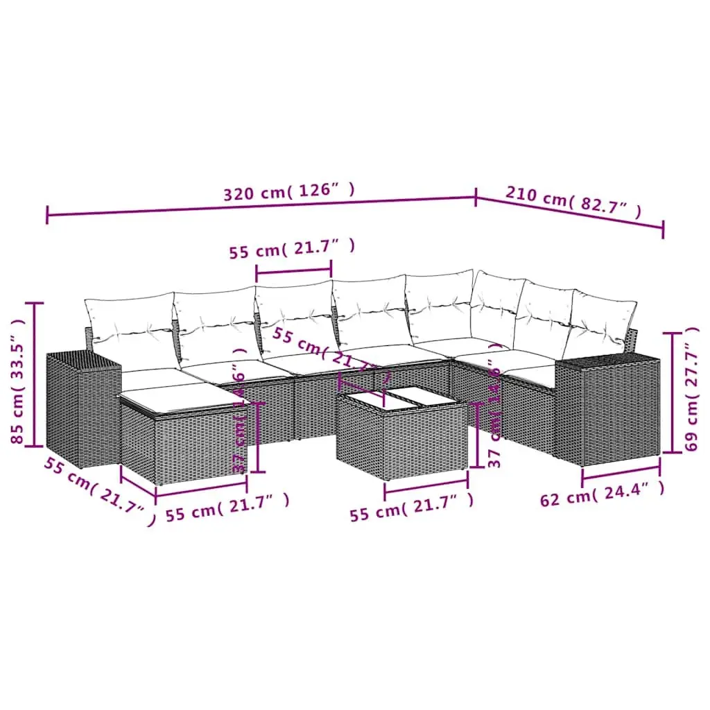 Garden Sofa Set 9 Piece Outdoor Furniture Patio Lounge Black Poly Rattan with