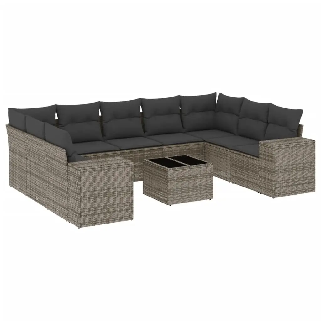 10 Piece Outdoor Furniture Set Grey Poly Rattan Garden Sofa with Cushions