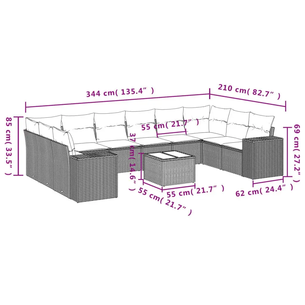 11 Piece Garden Sofa Set Outdoor Patio Furniture Modular Black Rattan with Cushions