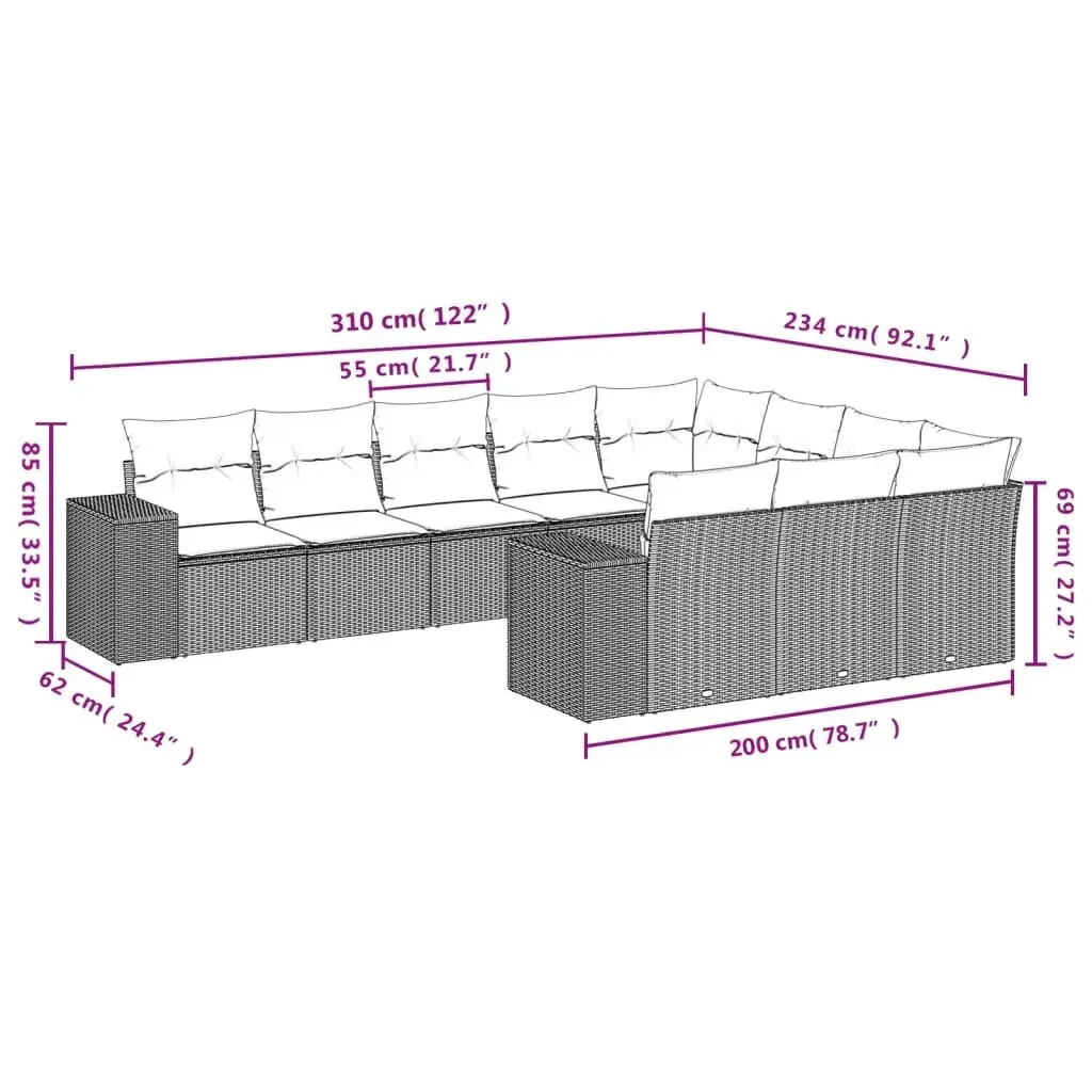Outdoor Garden Sofa Set 10 Piece Black Poly Rattan Patio Furniture with Cushions
