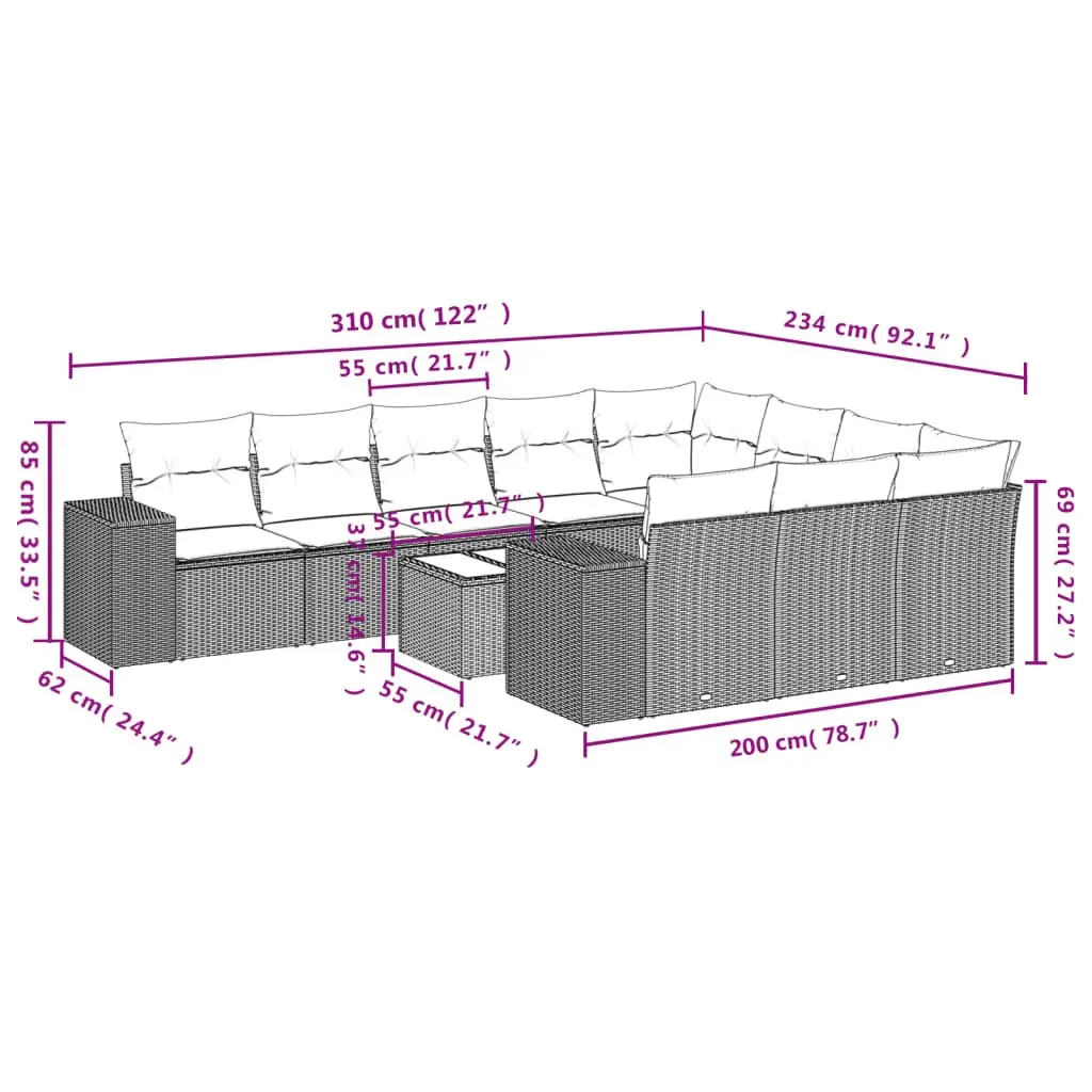 Outdoor Garden Sofa Set 11 Piece Black Poly Rattan Patio Furniture with Cushions