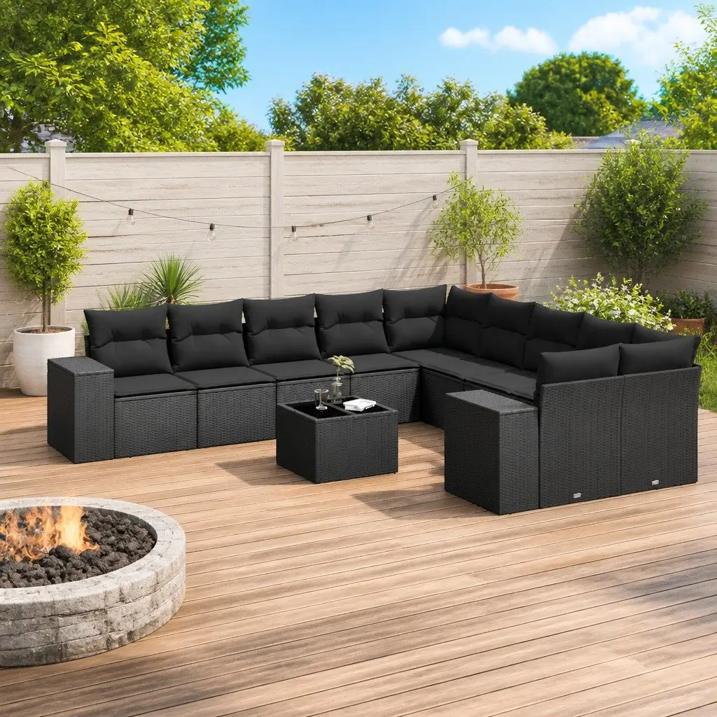 Garden Sofa Set Outdoor Furniture 11 Piece Patio Lounge Black Poly Rattan