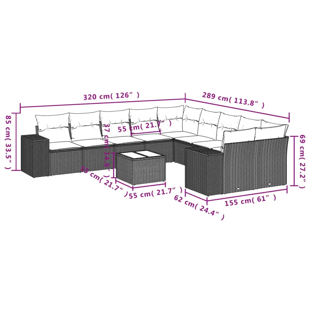 Garden Sofa Set 11 Piece Outdoor Furniture Grey Poly Rattan with Cushions