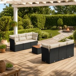 7 Piece Outdoor Garden Sofa Set with Cushions Black Poly Rattan Patio Furniture