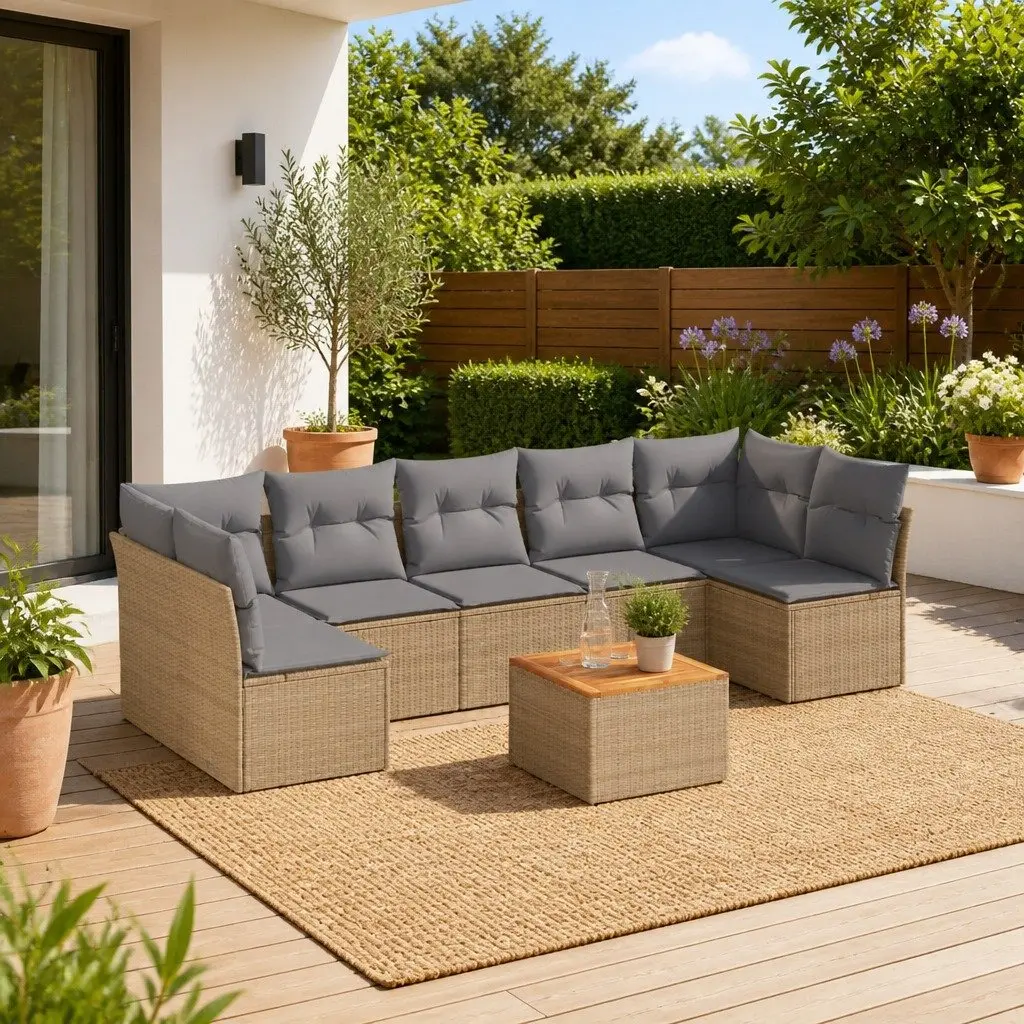 8 Piece Garden Sofa Set Modular Outdoor Furniture Beige PE Rattan with Cushions
