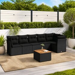Outdoor Garden Sofa Set 7 Pieces Black Poly Rattan with Cushions Patio Furniture