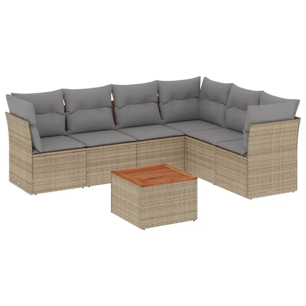 Outdoor Garden Sofa Set 7 Piece Beige Poly Rattan Patio Furniture with Cushions