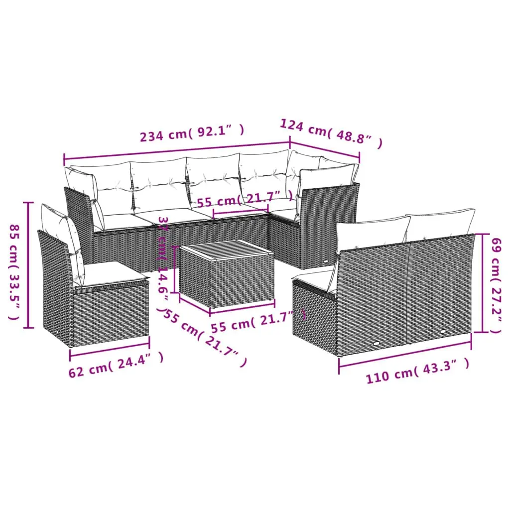 Garden Sofa Set 9 Piece Outdoor Furniture Patio Lounge Grey with Cushions