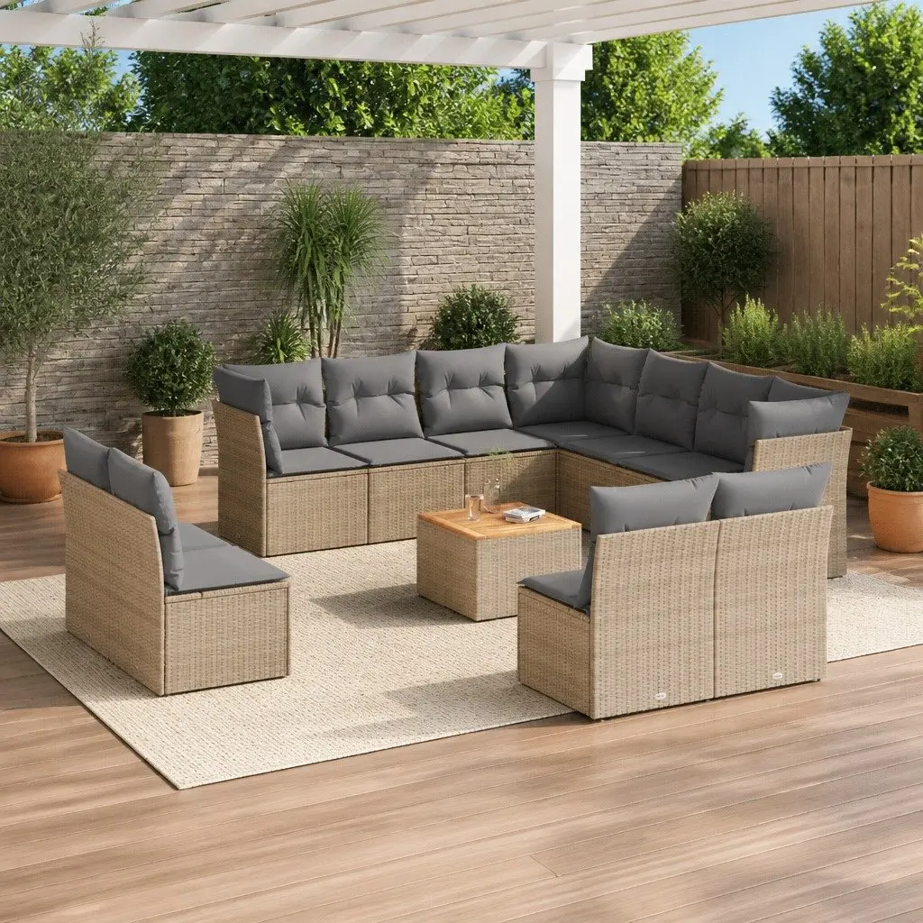 Garden Sofa Set Modular Outdoor Furniture 12 Piece Beige Poly Rattan with Cushions