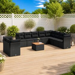 11 Piece Outdoor Garden Sofa Set Poly Rattan Patio Furniture with Cushions Black