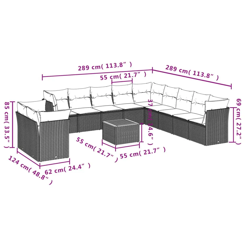 Garden Sofa Set 12 Piece Modular Outdoor Furniture Grey Poly Rattan