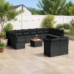 Outdoor Garden Sofa Set 13 Piece Black Poly Rattan Patio Furniture with Cushions