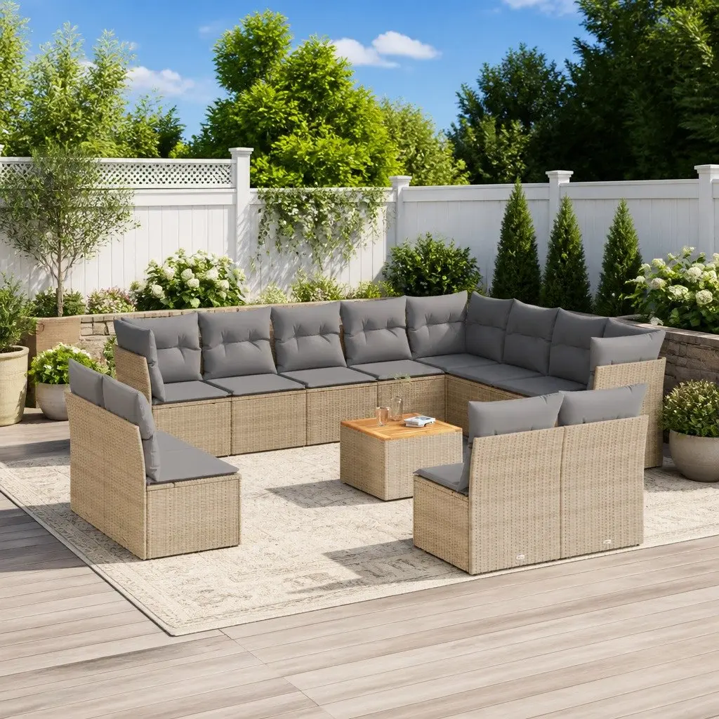 Garden Sofa Set 13 Piece Outdoor Furniture Patio Beige Poly Rattan with Cushions