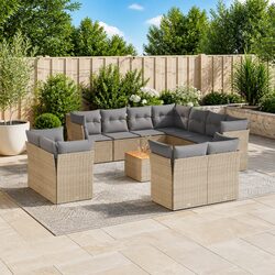 Outdoor Garden Sofa Set 12 Piece Patio Furniture Poly Rattan Beige Cushions