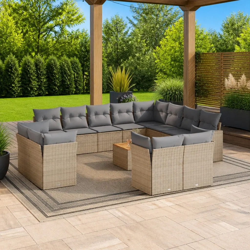 Outdoor Garden Sofa Set 13 Piece Beige Poly Rattan Patio Furniture with Cushions