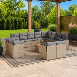 Outdoor Garden Sofa Set 13 Piece Beige Poly Rattan Patio Furniture with Cushions