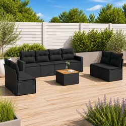 Garden Sofa Set 9 Piece Outdoor Furniture Black Poly Rattan with Cushions Patio