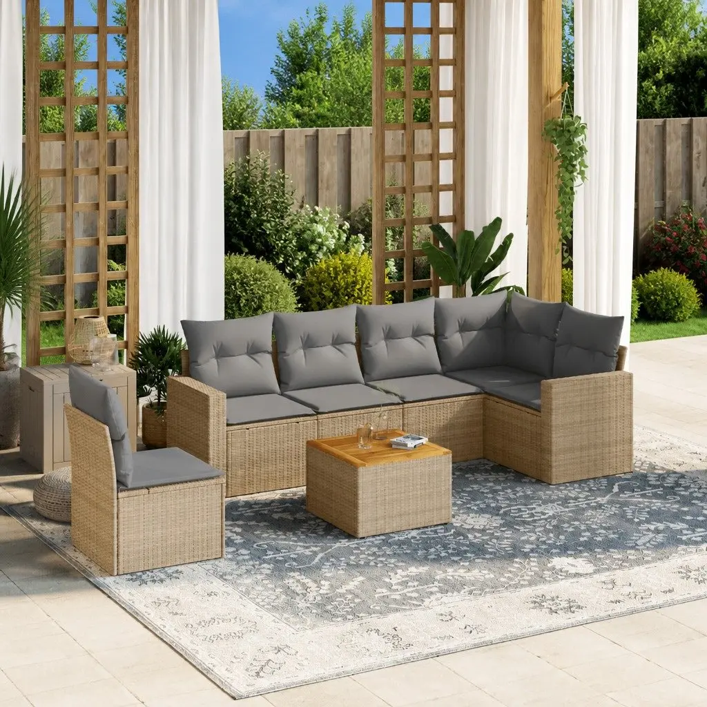 Garden Sofa Set 7 Piece Outdoor Seating Beige Poly Rattan Furniture with Cushions