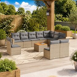 Garden Sofa Set 11 Piece Outdoor Furniture Beige Poly Rattan with Cushions Patio