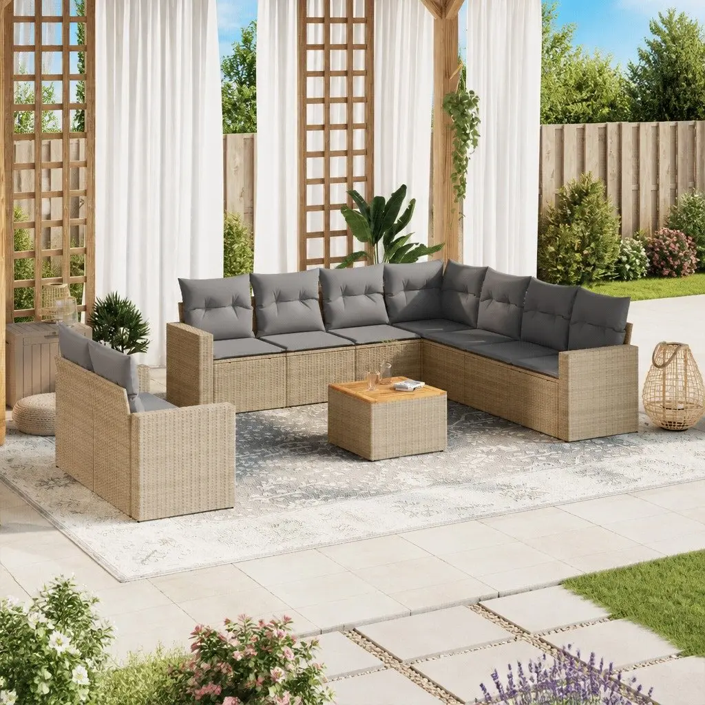 Garden Sofa Set Outdoor Furniture 10 Piece Modular Beige Poly Rattan Cushions