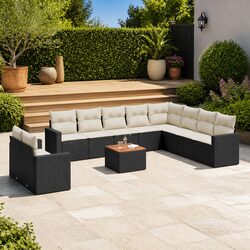 Garden Sofa Set 11 Piece Outdoor Furniture Black Poly Rattan with Cushions Patio