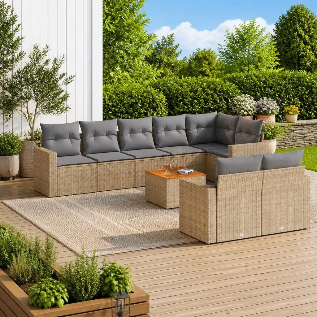 Garden Sofa Set 9 Piece Outdoor Furniture Beige Poly Rattan Patio Lounge Modular