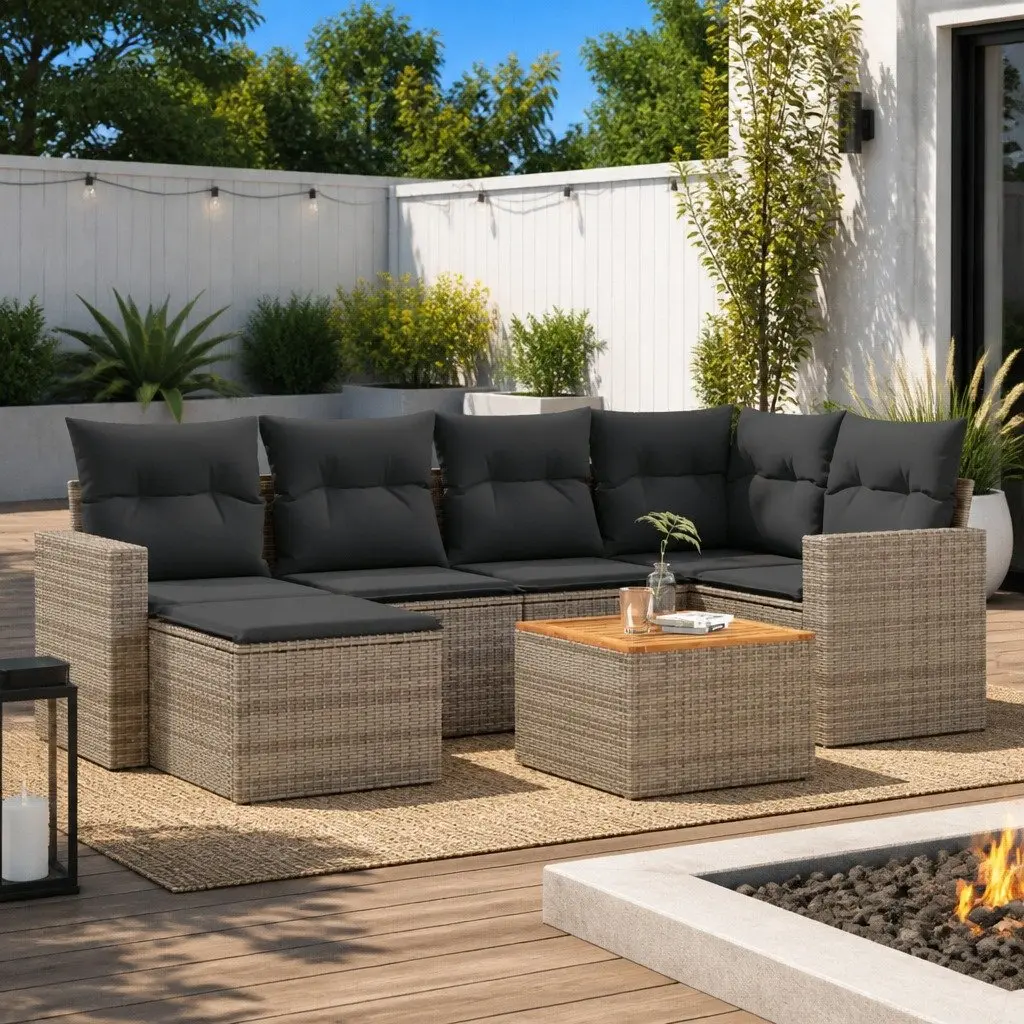 Outdoor Sectional Sofa Set 7 Piece Grey Poly Rattan Garden Furniture