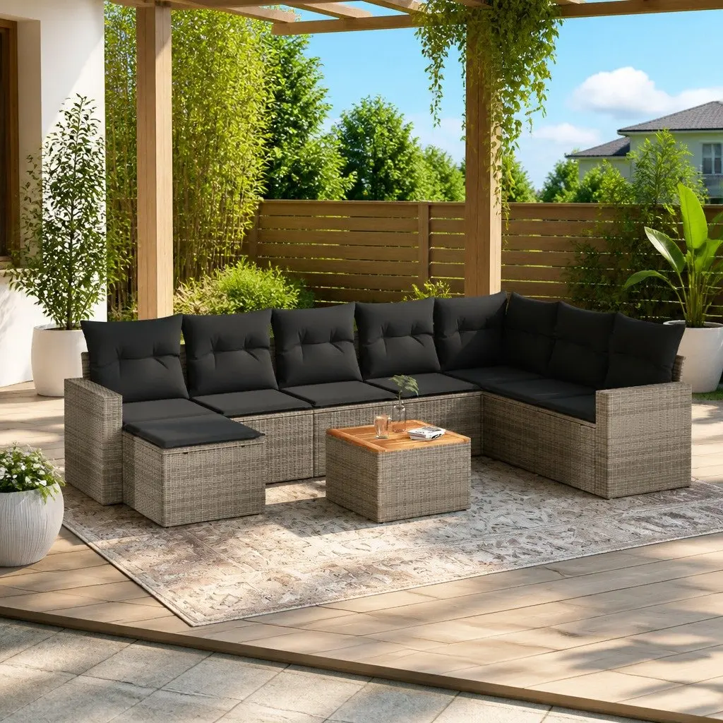 ModularOutdoorSofaSetGreyRattan9PieceWithCushionsPatioFurniture