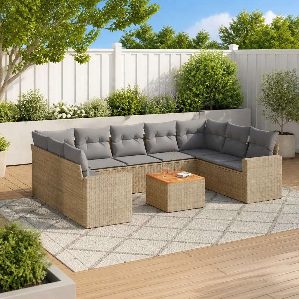 Outdoor Sectional Sofa Set 10 Piece Garden Furniture Beige Poly Rattan Patio