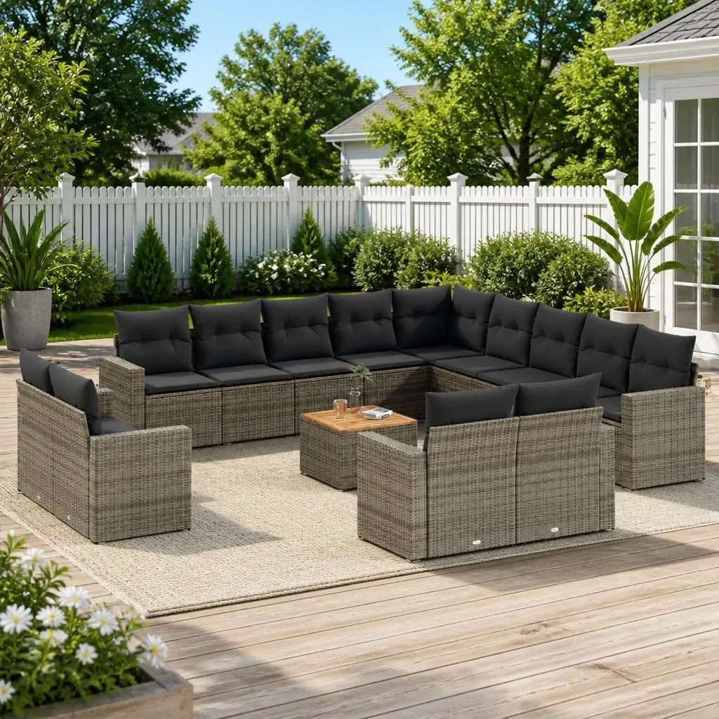 Outdoor Sofa Set 14 Piece Garden Furniture Grey Poly Rattan