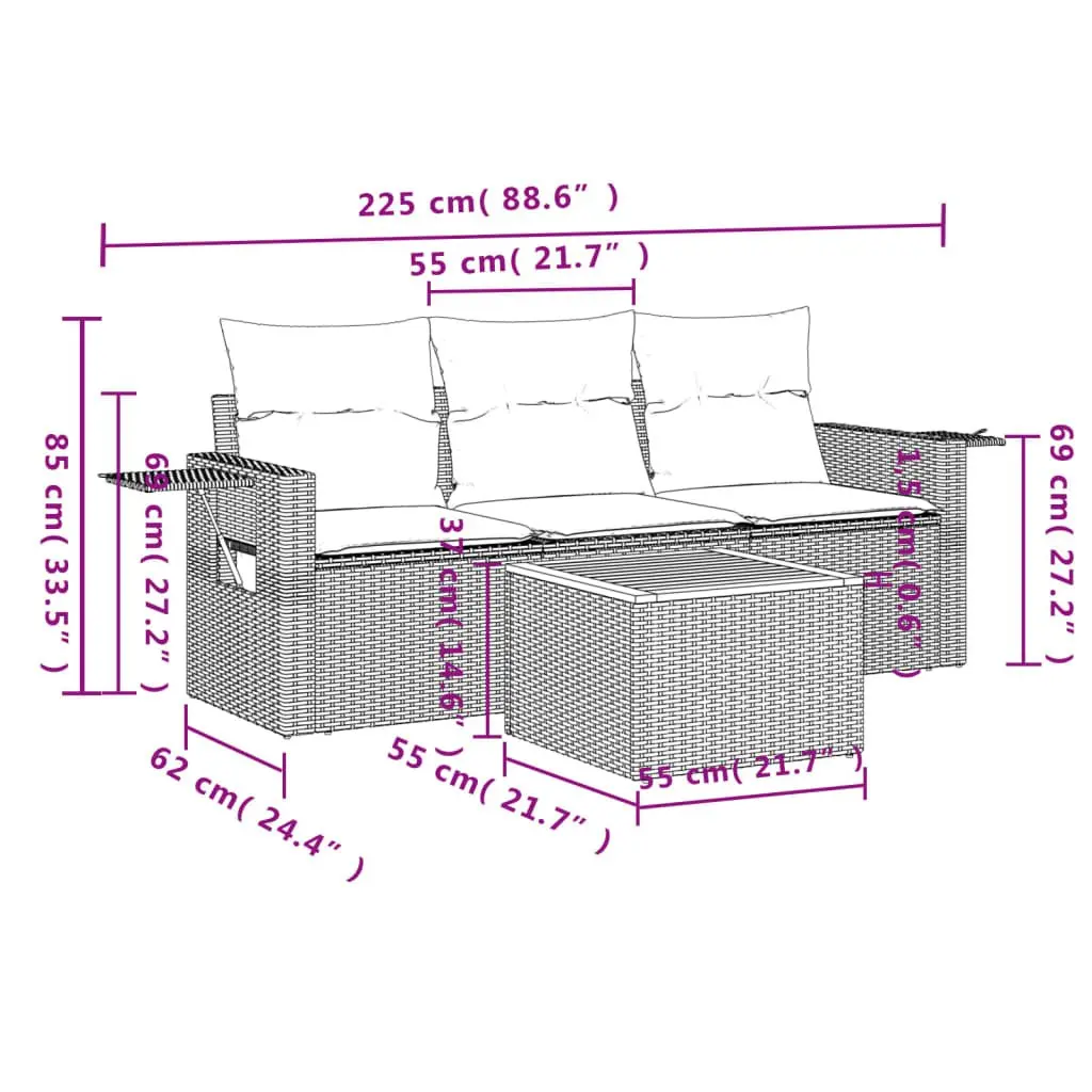 Outdoor Sectional Sofa Set 4 Piece Garden Furniture Grey Poly Rattan with