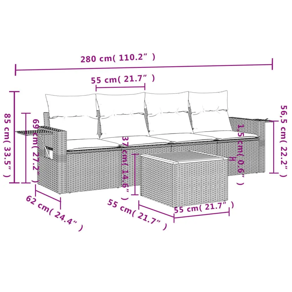 Outdoor Sectional Sofa Set 5 Piece Garden Furniture Grey Poly Rattan