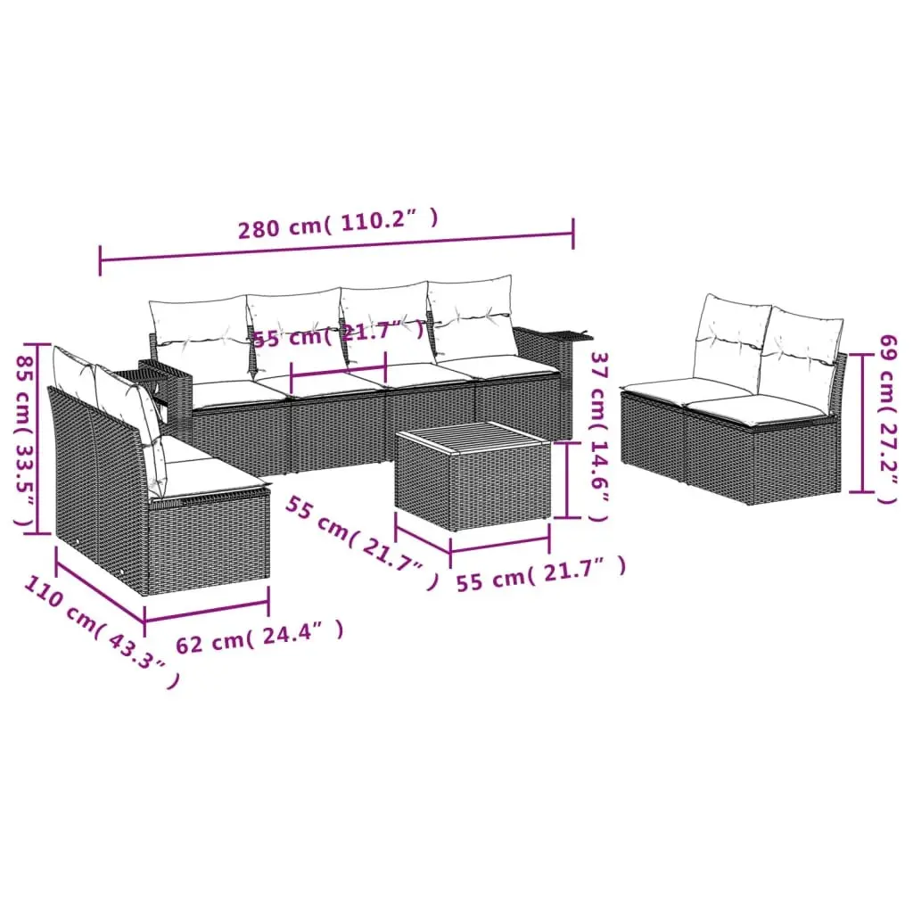 Outdoor Sectional Sofa Set 9 Piece Grey Poly Rattan Garden Furniture with