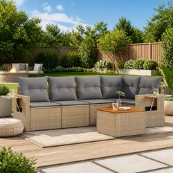 Outdoor Sectional Sofa Set 6 Piece Garden Furniture Beige Poly Rattan with