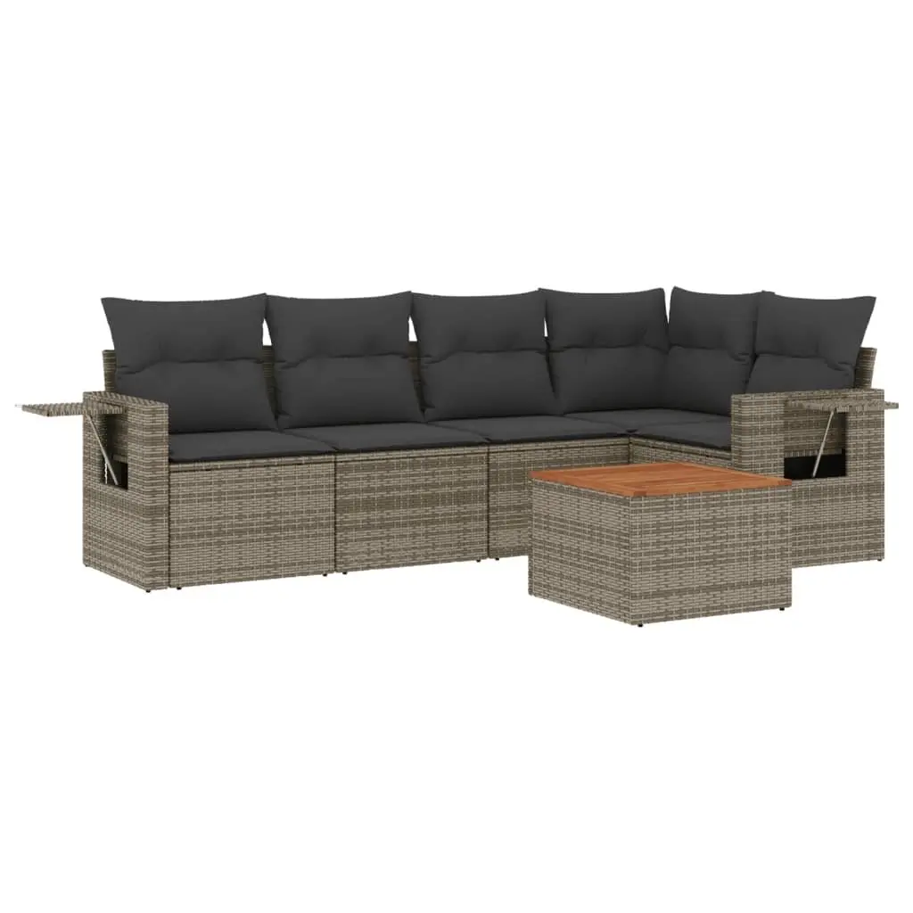 6 Piece Grey Garden Sofa Set Modular Outdoor Furniture with PE Rattan and Acacia Wood Table