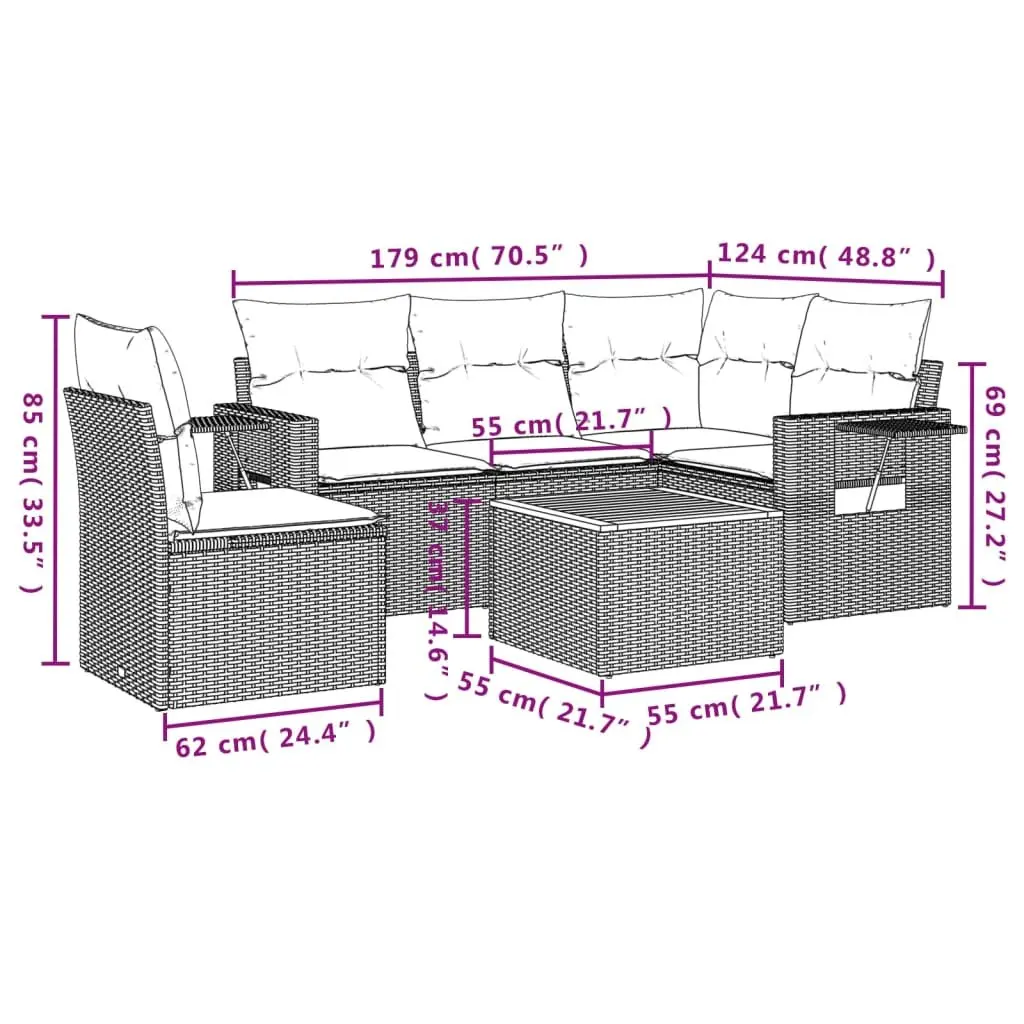 Outdoor Sectional Sofa Set 6 Piece Garden Furniture Grey Poly Rattan