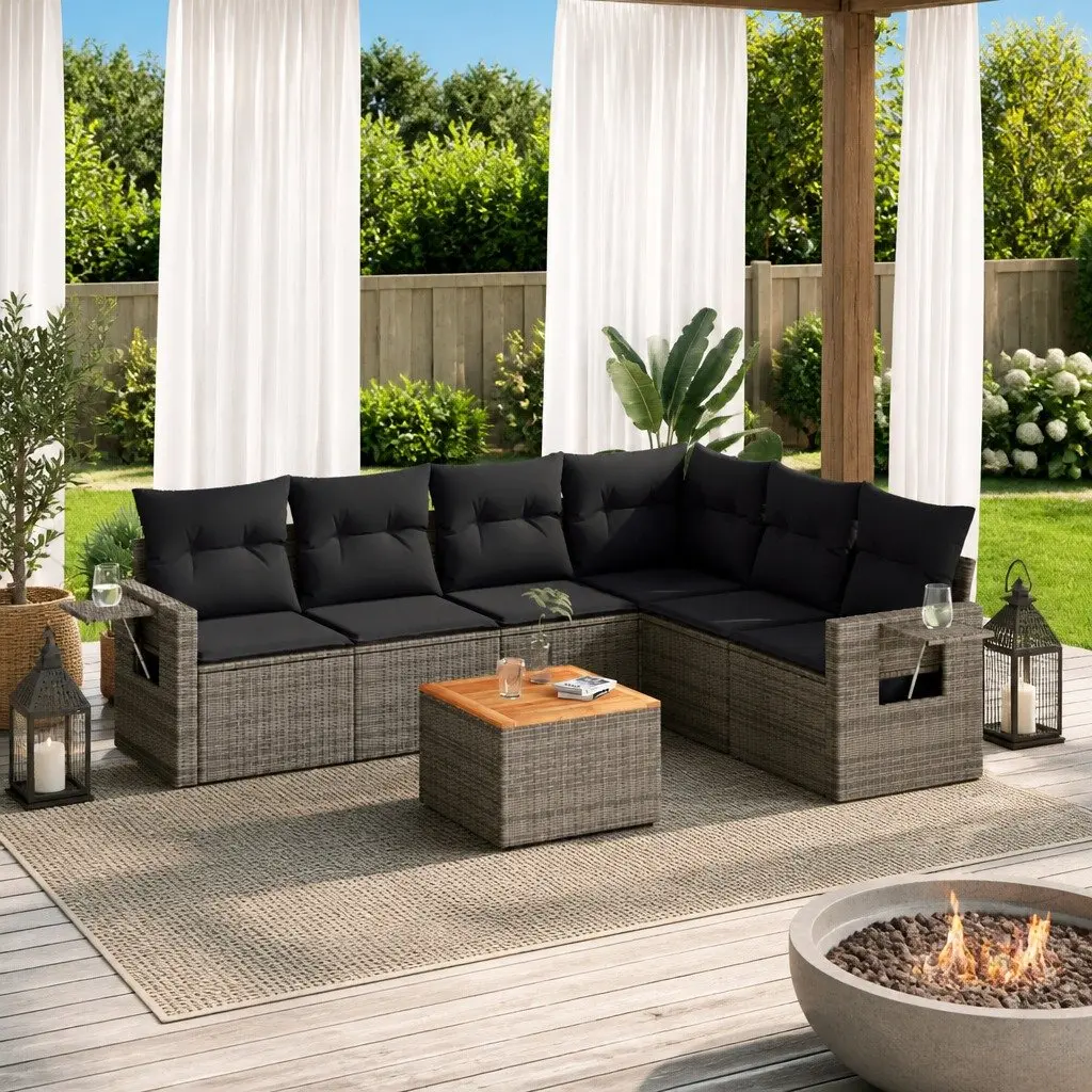 Outdoor Sectional Sofa Set Modular Garden Furniture 7 Piece Grey Poly Rattan