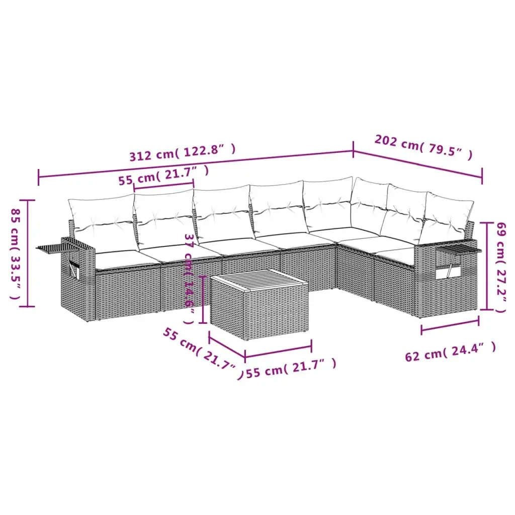 Outdoor Sectional Sofa Set 8 Piece Modular Garden Furniture Grey Poly Rattan
