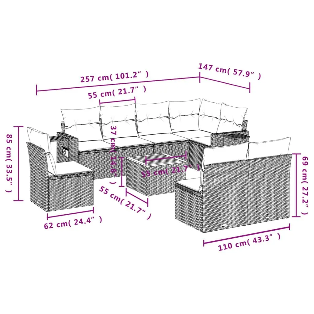 Outdoor Sectional Sofa Set 9 Piece Grey Modular Garden Furniture with Cushions Table