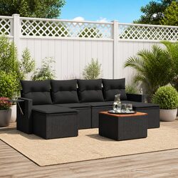 7 Piece Outdoor Garden Sofa Set Black Poly Rattan Sectional with Cushions