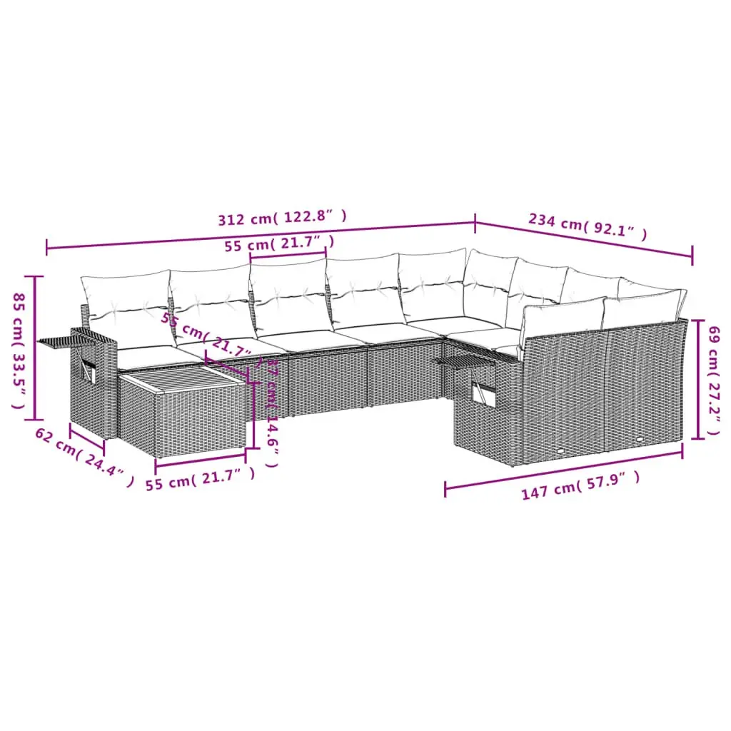 Outdoor Sectional Sofa Set 10 Piece Modular Garden Furniture Grey Poly Rattan