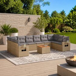 Outdoor Sectional Sofa Set 11 Piece Garden Furniture Beige Poly Rattan with