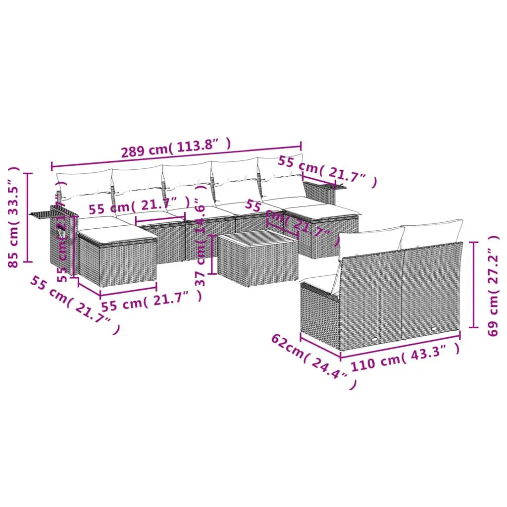 Outdoor Sectional Sofa Set 10 Piece Modular Garden Furniture Grey Poly Rattan