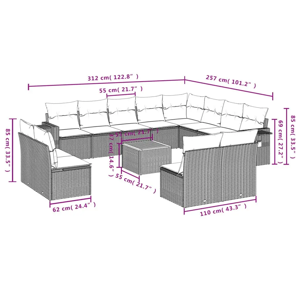 Outdoor Sectional Sofa Set 13 Piece Garden Furniture Grey Poly Rattan