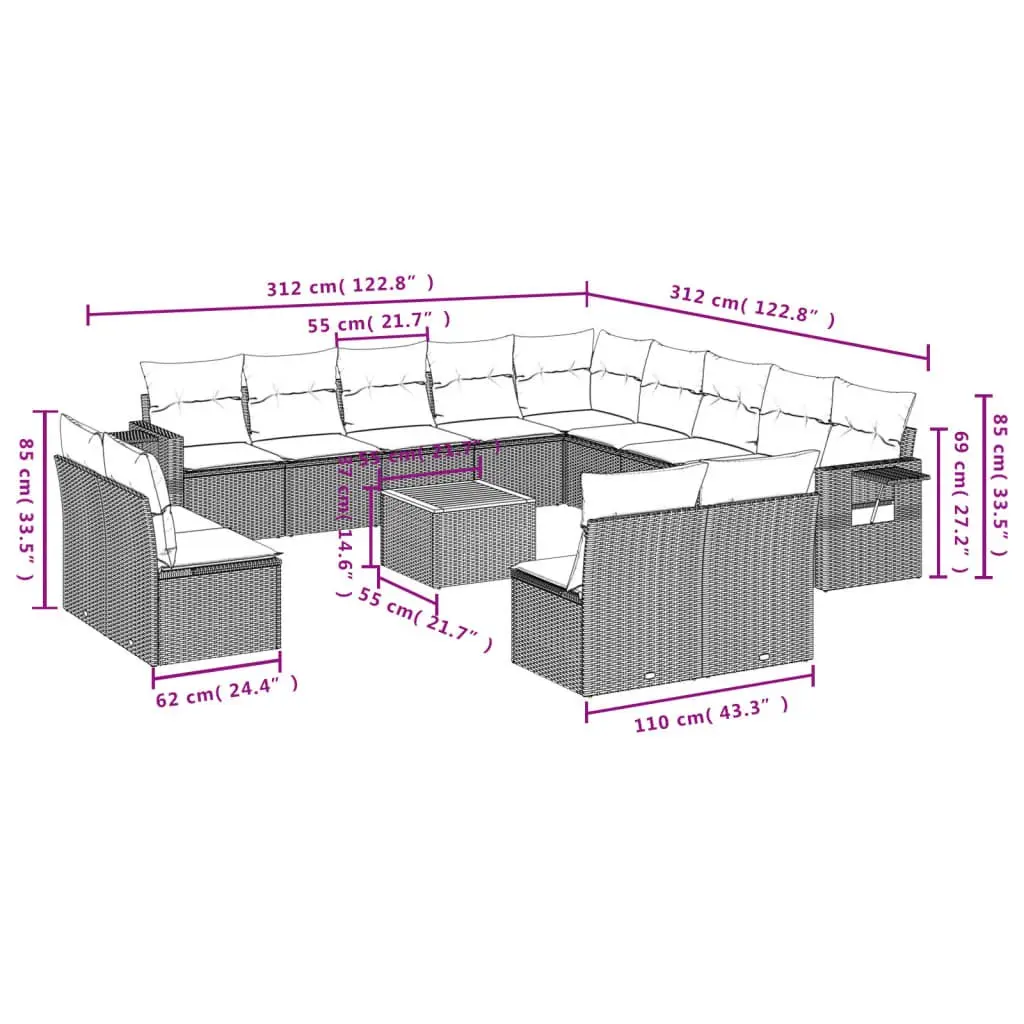 Outdoor Sectional Sofa Set 14 Piece Modular Garden Furniture Grey Rattan with Cushions