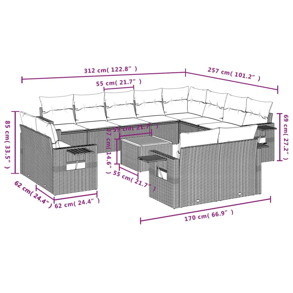 Outdoor Sectional Sofa Set 13 Piece Grey Poly Rattan Garden Furniture